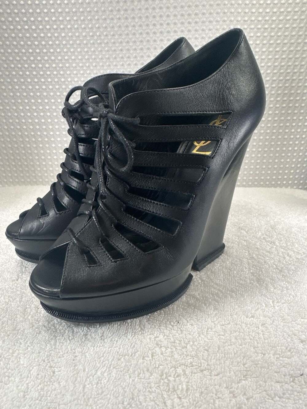 Yves Saint Laurent Hortense Black Leather Platform Wedge Sandals
